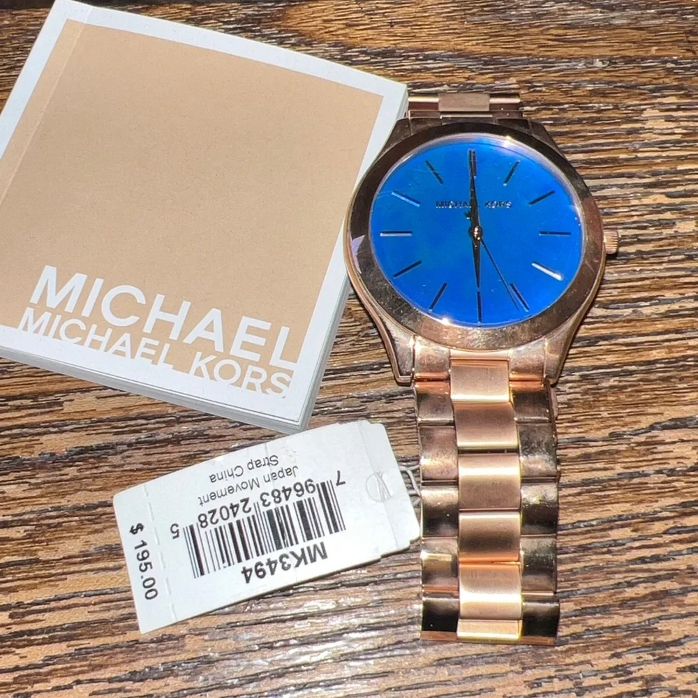 NIB NWT Michael Kors slim runway MK3494 blue dial watch rose gold